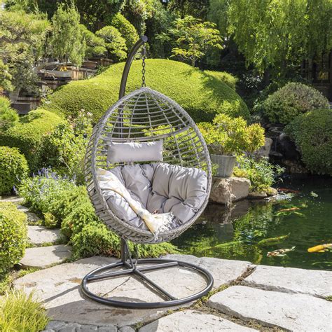 Uriah Outdoor Wicker Hanging Basket Chair With Water Resistant Cushions
