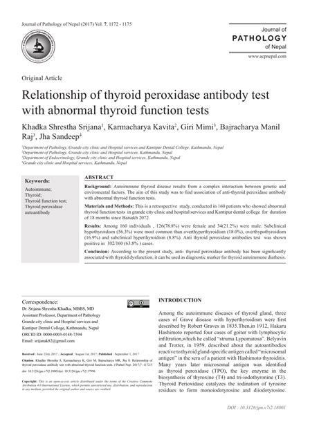 Pdf Relationship Of Thyroid Peroxidase Antibody Test With Abnormal