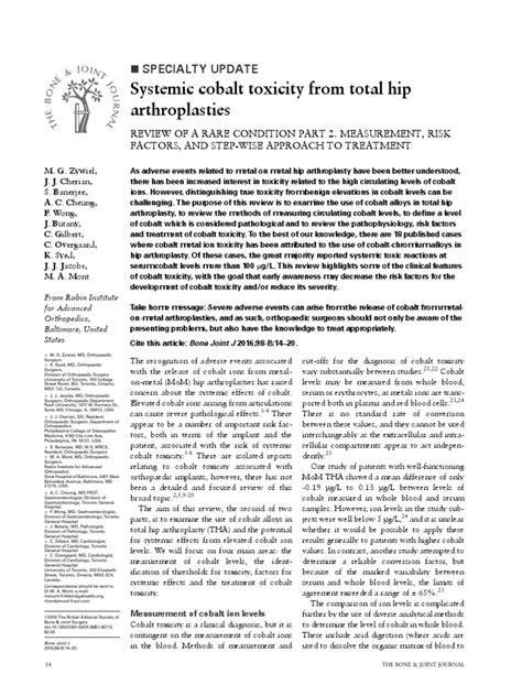 Systemic Cobalt Toxicity From Total Hip Arthroplasties Specialty