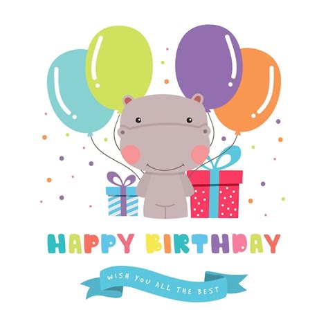 Premium Vector Birthday Greeting With Cute Hippopotamus
