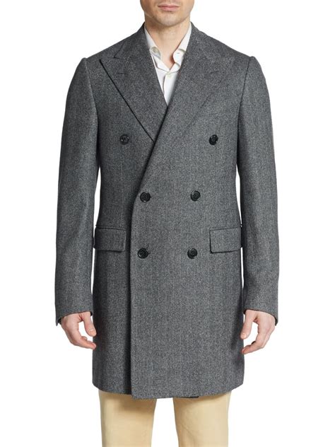 Corneliani Herringbone Wool And Cashgora Double Breasted Overcoat In Gray