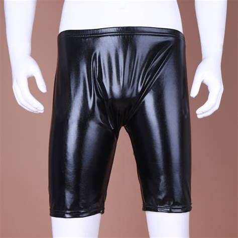 Uk Latex Shorts Men Leather Boxer Shorts Open Crotch Tight Underpants