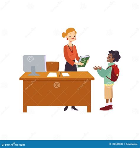 Cartoon Librarian Giving Book To Child Little Boy Checking Out A