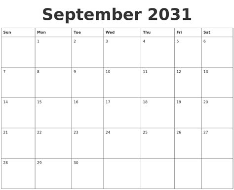 September 2031 Blank Calendar Template