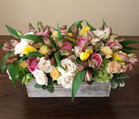 Flower Box With Alstroemeria Tulips Spray Roses And Mini Hydrangeas
