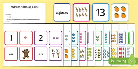 1 20 Number Matching Card Game 1 20 Matching Cards Match