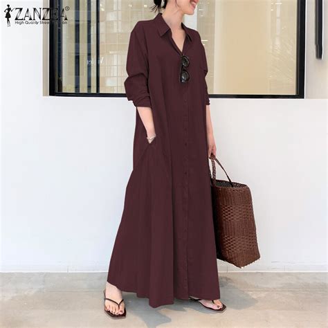 Fancystyle Zanzea Women Summer Cotton Kaftan Abaya Ladies Side Pockets Long Maxi Dress Hot