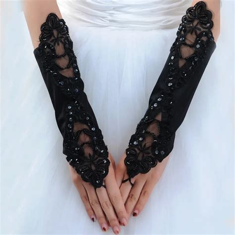 black sexy disco dance costume party performance lace fingerless long wedding gloves free