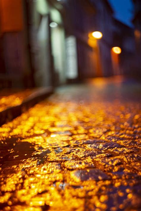 Blurred View Of City Street With Lights At Winter Rainy Night Bokeh