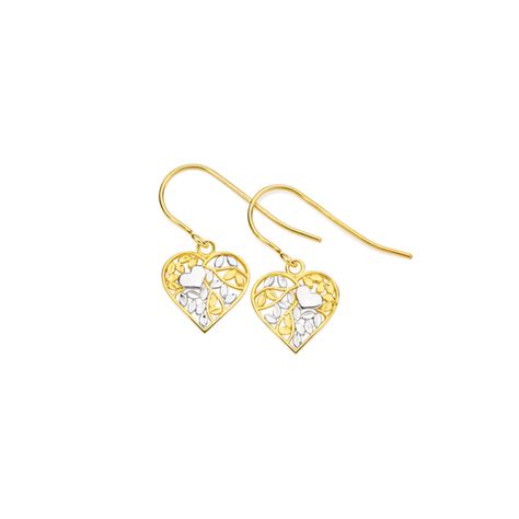 9ct gold two tone diamond cut filigree heart drop hook earrings prouds