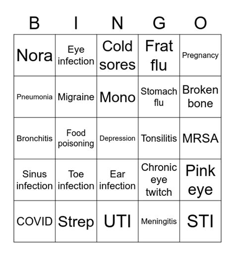 College Illnesses Bingo Card