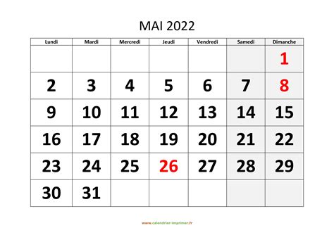 Calendrier Mai 2022 à Imprimer