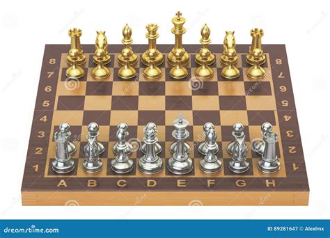 Chess Board With Gold And Silver Figures Top View 3d Rendering Stock