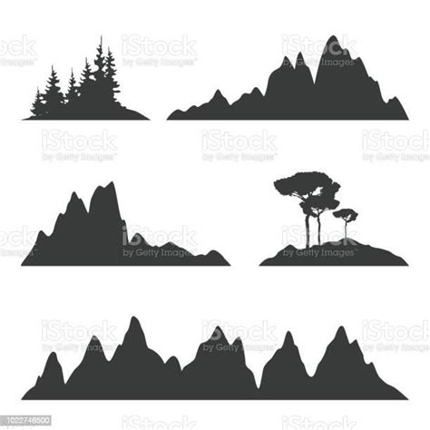 Mountain And Trees Silhouettes Isolated On White Stock Illustration