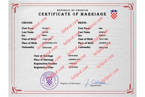 Croatia Marriage Certificate Psd Photoshop Template Fullpsd