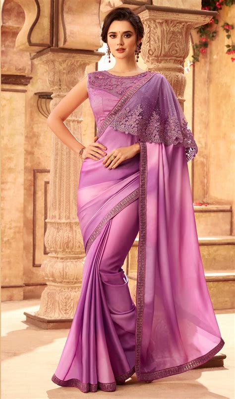 Light Purple Color Shaded Silk Embroidered Saree Party Wear Sarees Fancy Sarees Party Wear