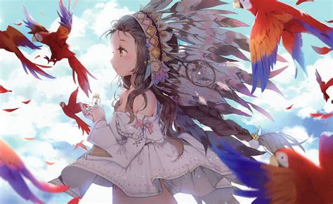 Anime Anime Girls Original Characters Animals Birds Feathers