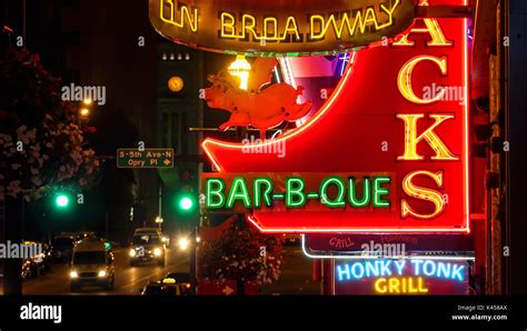 Neon Signs On Broadway Street In Nashville Tennessee At Night Stock