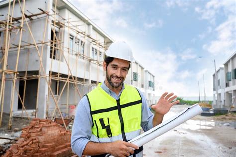 Young Constructor Engineer Man Smiling Holding Blueprint While Talking