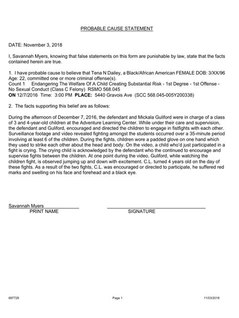 Probable Cause Statement Tena Dailey