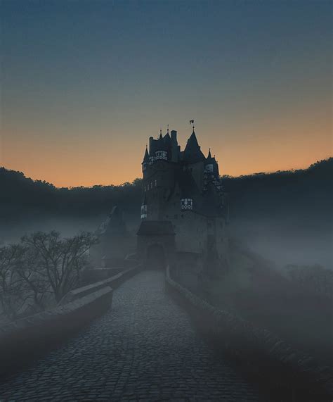 Gray Concrete Castle Castle Fog Mountains Wierschem Germany Hd