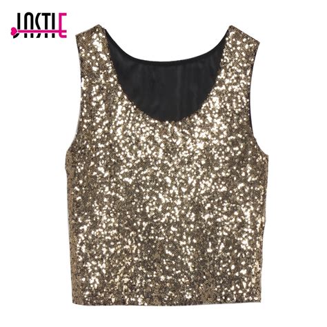 2016 new sexy bling women sequin tank top slim o neck sleeveless solid color sequins crop tops