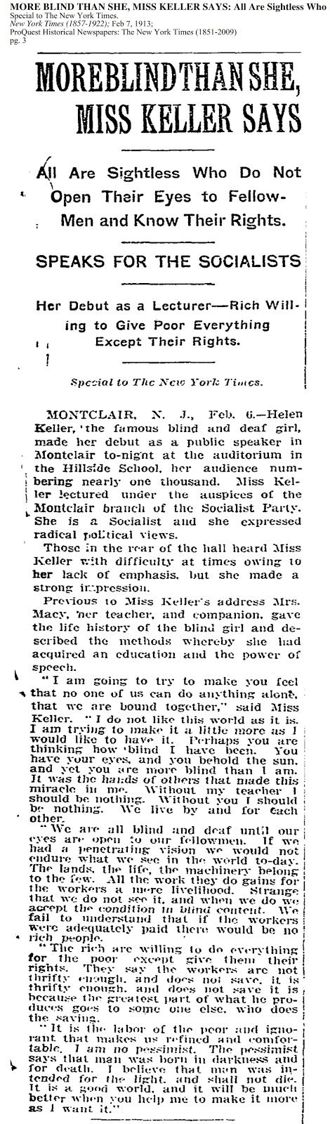 Helen Keller Article From New York Times 7 Feb 1913 Rich Criticised