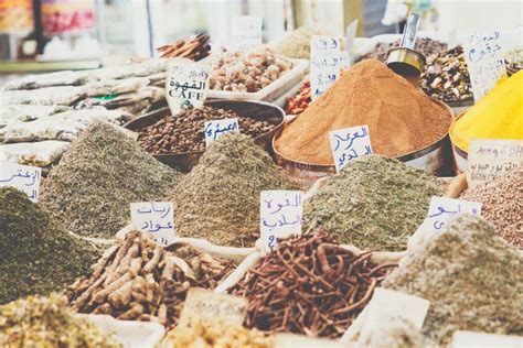 Selection Of Spices On A Traditional Moroccan Market Souk In M Stock