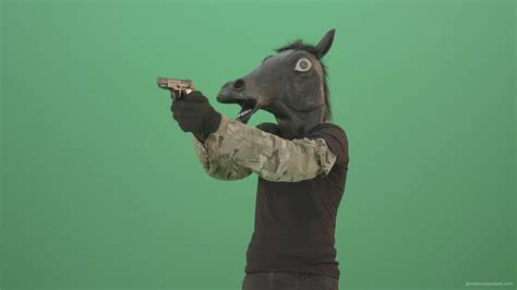 Funny Horse Man In Mask Shooting Enemies Isolated On Green Screen 4k