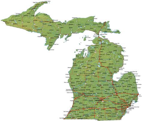 Detailed Michigan Map Mi Terrain Map