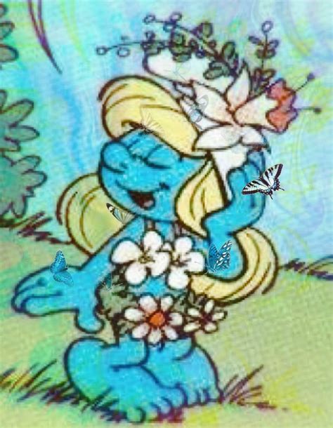 The Smurf Is Holding Flowers In Her Hand And Looking At Something On