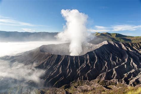 Bromo Volcano Crater At Sunrise In Morning Mist Stock Image Image Of