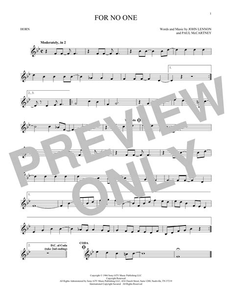 For No One Sheet Music The Beatles French Horn Solo