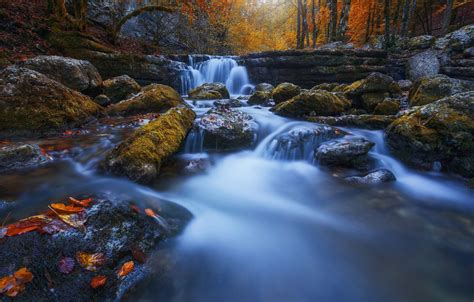 Wallpaper Autumn Leaves River Stones France Waterfall Cascade