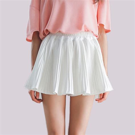 Summer Women Chiffon Solid White Pleated Short Skirt Preppy Style