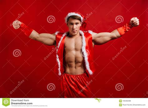 Christmas Holidays Strong Santa Claus Wearing Hat Young Muscular Man
