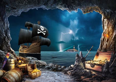 10x8ft High Sea Pirate Ship Lighthouse Treasure Photo Background Vinyl
