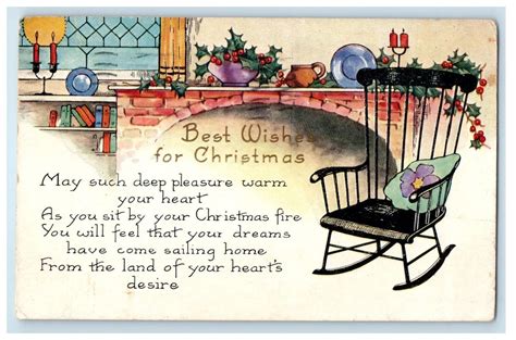 1925 Christmas Poem Windsor Rocking Chair Holly Fireplace Embossed