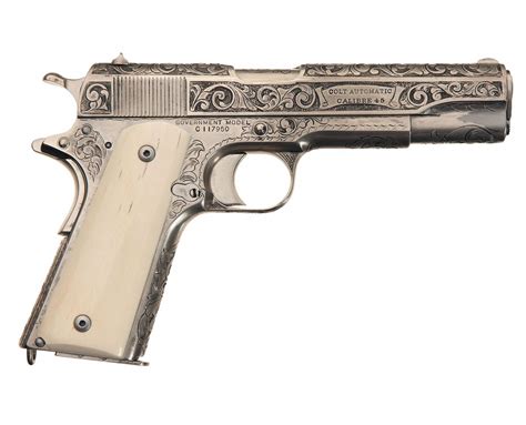 Engraved Colt Model 1911 Semi Automatic Pistol With Ivory Grips