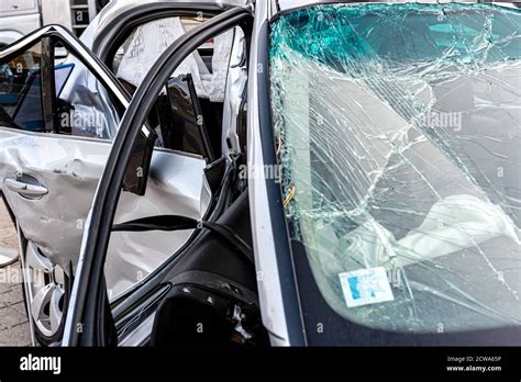 Damaged Vehicle Closeup After A Heavy Crash Car Wreck Broken