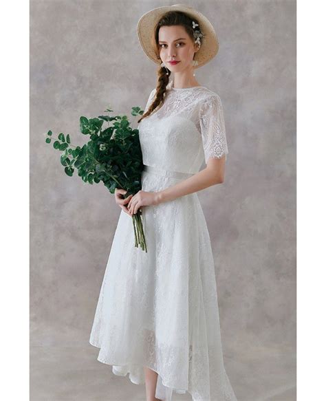 Retro High Low Lace Two Pieces Wedding Dress Tea Length For Country