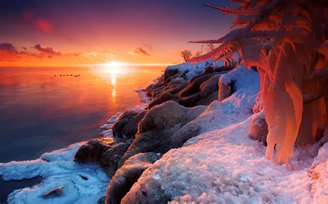 Beautiful Winter Sunrise Lake Ice Snow Wallpaper Nature And