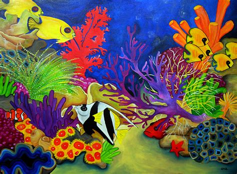 Original art acrylic canvas painting by monica downs coral reef 1 24x30 underwater sea life plants s. Coral Reef Painting by Una Miller