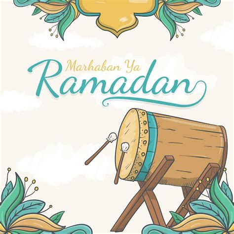Dibujado A Mano Marhaban Ya Tarjeta De Felicitación De Ramadán Con