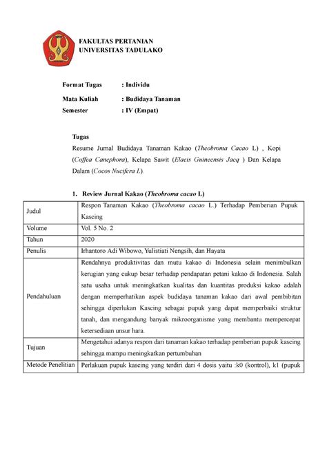 Resume Jurnal FAKULTAS PERTANIAN UNIVERSITAS TADULAKO Format Tugas