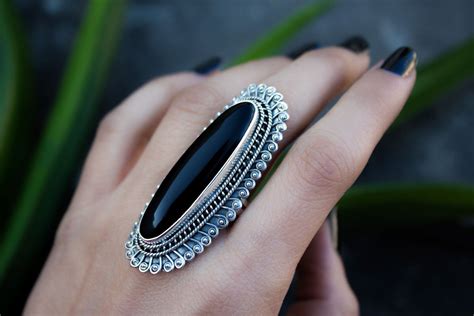 Black Onyx Ring 925 Sterling Silver Long Black Onyx Gemstone Ring St