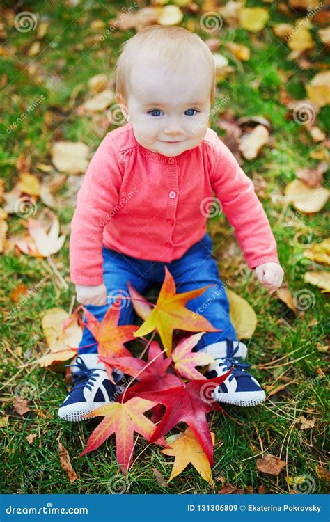 Baby Girl Playing With Colorful Autumn Leaves Outdoors Stock Image