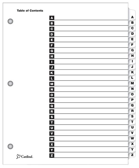 Onestep Printable Table Of Contents Dividers A Z White Inside Blank