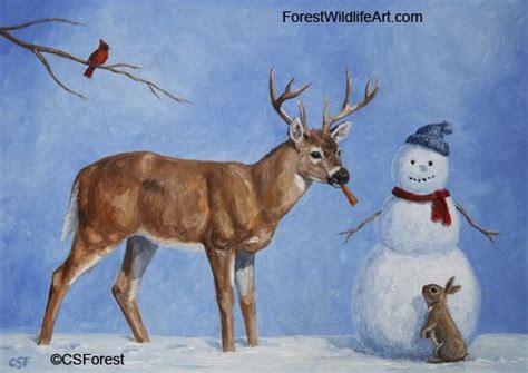 Oil Painting Of Whitetail Buck And Snowman By Wildlife Artist Crista Forest Forestwildlifeart