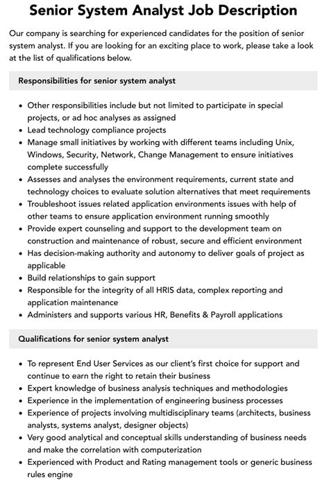 Senior System Analyst Job Description Velvet Jobs
